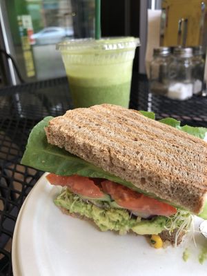 Veggie Avocado sandwich on wheat and Green Goddess smoothie at Healthy Harvest Urban Farms & Cafe in Rock Island
