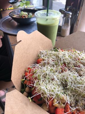 Green Garden Salad, Green Goddess smoothie, and Cashew Pork Ramen at Healthy Harvest Urban Farms & Cafe in Rock Island