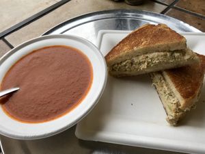 Chickpea Sandwich (chickpea salad melted with pepper jack cheese) and a $2 side of tomato basil soup  at Healthy Harvest Urban Farms & Cafe in Rock Island