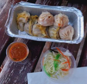 Variety of vegan dumplings/momos to go with a dip and salad at Momos Tibetain in Strasbourg