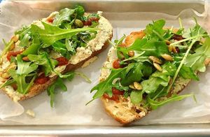 Lemon herb cashew cheese and tomato butter toast at Anaya Coffee in Melbourne