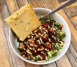 Cowboy BBQ bean salad w/ herbed cornbread at Anaya Coffee in Melbourne