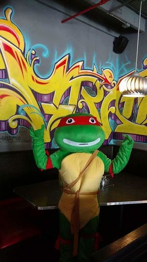 Turtle critter that hangs with the kids on special occasions. at Graffiti's Pizza in Mcdonough