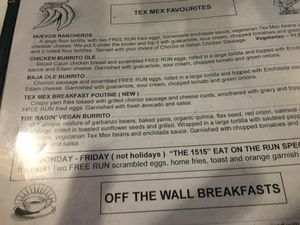 Menu with the only vegan item at breakfast  at Johns Place in Victoria