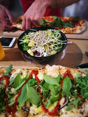 two vegan pizzas and a salad to balance out the carbs at Pizzatopia in Krakow