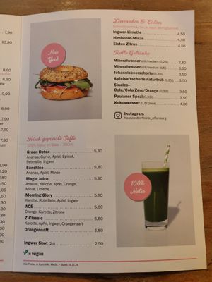 Juice and cold drinks menu at Haus Zauberflöte in Offenburg