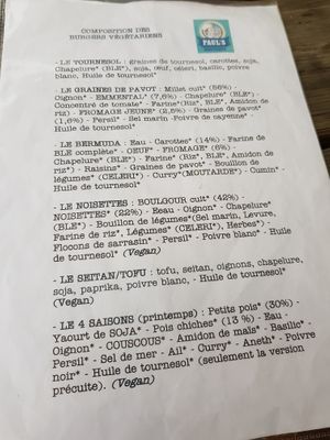 Detailed sheet of vegetarian and vegan burgers.  at Paul's Boutique in Namur