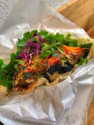 Inside the yummy falafel sandwich  at Ballon in Tokyo