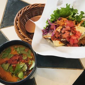 100% Vegan Falafel and tomato soup. Added coriander, so yummy!  at Ballon in Tokyo