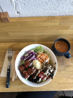 Falafel salad bowl with the tomato soup set at Ballon in Tokyo