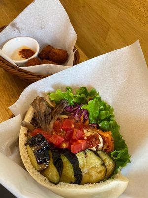 This sandwich is very healthy and delicious! I ordered a large Pita which includes various kinds veggies and the several croquette balls are in it ! That made me very satisfied. at Ballon in Tokyo