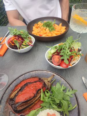 filled aubergine and salmonpasta my boyfriend had at Nova Essen & Trinken in Kempten