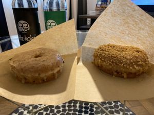 Lemon donut (left) & peanut butter donut (right) at Donut Shop in Prague