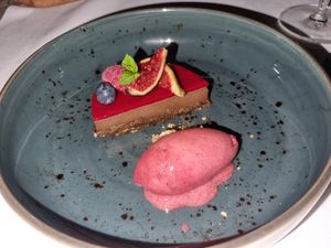 Chocolate tart with sorbet at Cal Reiet's Table in Mallorca