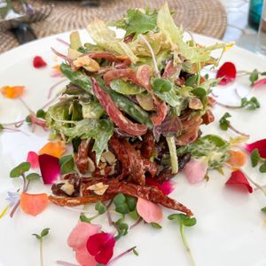 Green bean salad with roasted red onion, Majorcan apricot, sundried
tomato, almond and aioli with oranges from Sóller  at Cal Reiet's Table in Mallorca