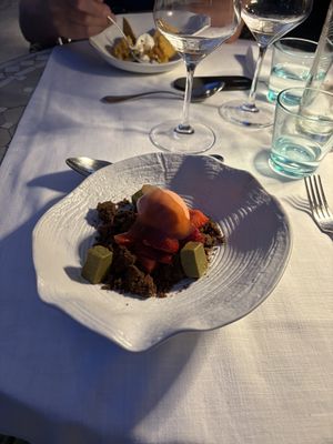 Pickled strawberries dessert  at Cal Reiet's Table in Mallorca
