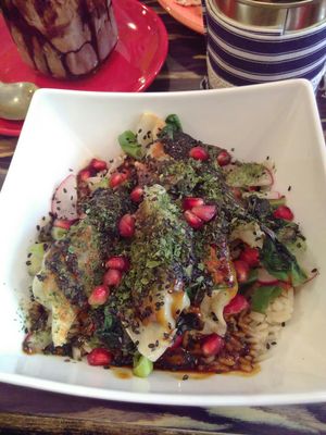 Japanese dumplings and rice with homemade teriyaki sauce at Fat Rabbit in Oswestry