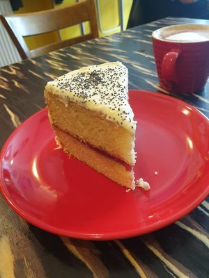 Victoria sponge and vanilla cappuccino! at Fat Rabbit in Oswestry