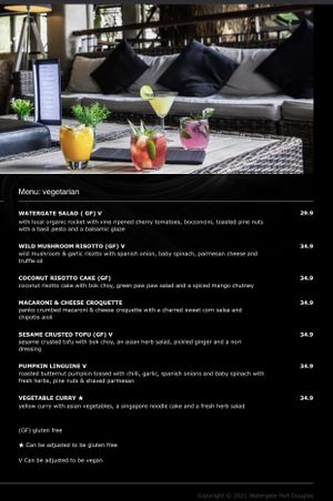 Vegetarian menu as of October ‘21 at Watergate in Port Douglas