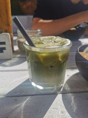 Iced matcha latte with oat milk at Nalu Bowls in Ericeira