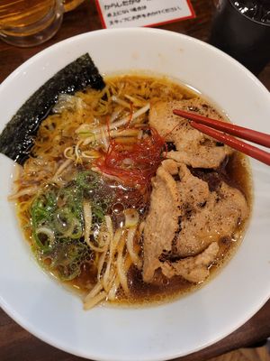 Vegan ramen with soy sauce broth at Kyushu Jangara Ramen - Harajuku in Tokyo