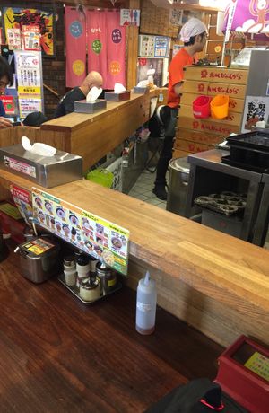 This is inside the restaurant. It's small but it works. There are bolted-in stools arranged around the bar, as well as a few small tables.  at Kyushu Jangara Ramen - Harajuku in Tokyo