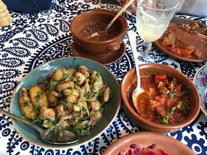 Potaro, lentils, eggplant at Daredzhani in Almaty