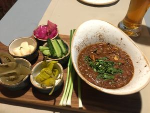 lobio (red bean spicy goulash) with marinated veggies at Daredzhani in Almaty