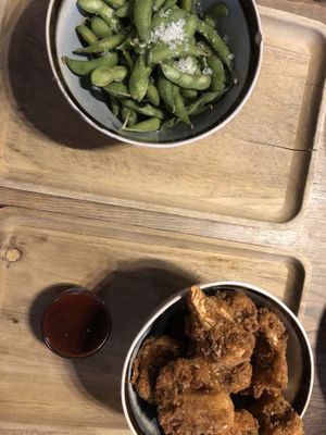Vegan BBQ cauliflower wings (seasonal) & edamame starter   at Beaver Brewing Company in Vienna