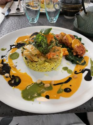 Self-made vegan sausage, with sautéed veggies and turmeric rice  at Annadata in Saint-malo