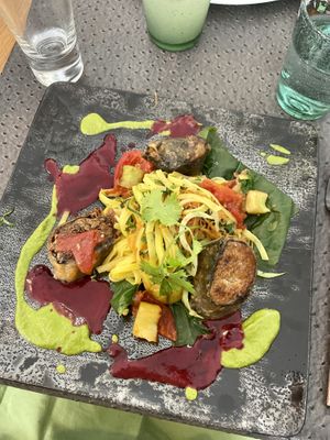 Fried nori sheet with some kind of mushroom blend, and noodles   at Annadata in Saint-malo