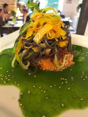 Tofu capsicum burger with vegetable spaghetti, parsley sauce :-) at Annadata in Saint-malo
