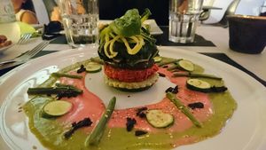 choux farci légumes, palet de pois chiche grillé, spaghetti de courgettes  at Annadata in Saint-malo