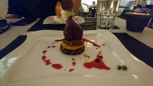 brownie cru, mousse de potimarron, mousse chocolat et poire confite  at Annadata in Saint-malo