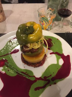 A chickpea patty with pumpkin and a filled bell pepper! Arabian spices! Maybe a little bit to many flavors ( on beetroot and spinach essence)! at Annadata in Saint-malo