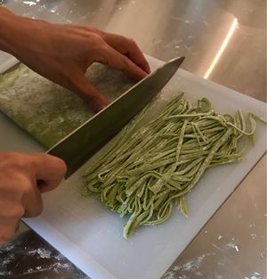 Making basil sobs- delicious! at Hoshi no Tane in Okinawa