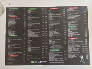 The menu at Antonio Pizza & Pasta in Rhodes