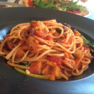 Pasta with tomato sauce, pumpkin, spinach and olives at Antonio Pizza & Pasta in Rhodes