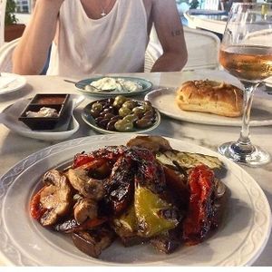 Grilled veggies with balsamic, mayo dip, tomato dip, tzatziki, olives, garlic bread with olive oil.  at Caldera Taverna Bar in Rhodes