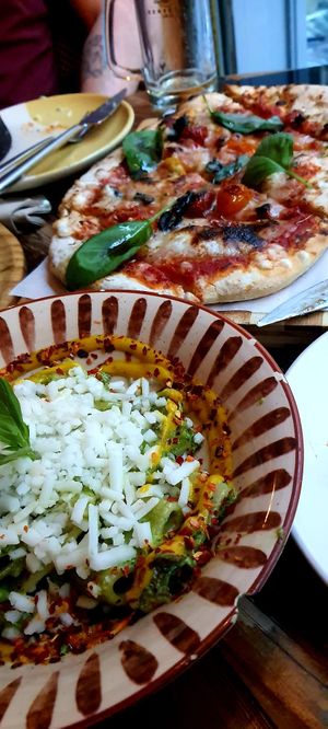 Pasta con pesto y queso vegano. Mi favorito. at Superchulo in Madrid