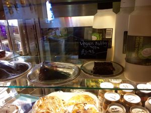 Display fridge. Vegan cakes clearly marked 'vegan'. at Beach House Cafe in Great Yarmouth
