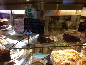 Display fridge. Vegan cakes clearly marked 'vegan'. at Beach House Cafe in Great Yarmouth