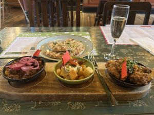 Tapas, garlic flatbread Prosecco -vegan.  at Lounges - Curio Lounge in Stroud