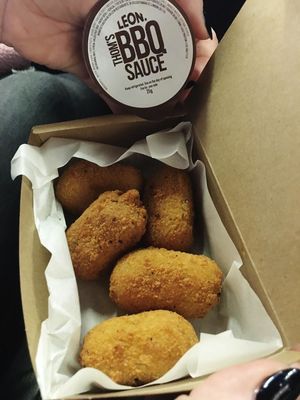 New faux chicken nuggets with vegan cheese inside at LEON in Folkestone