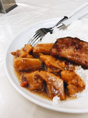 Pumpkin & ‘fish’ with rice at Dragon Gate Vegetarian in Central Singapore