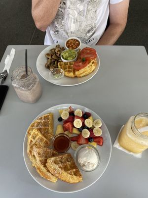Fruit salad and savoury waffles. Tropical fruit crush and Oreo shake  at Waffle on Cairns in Cairns