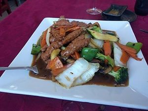 Vegan Szechwan pork (P4) at Aja Sushi in Sylvan Lake