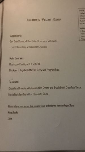 Separate vegan menu - make sure to ask for it! at Freddy's Restaurant in Limerick