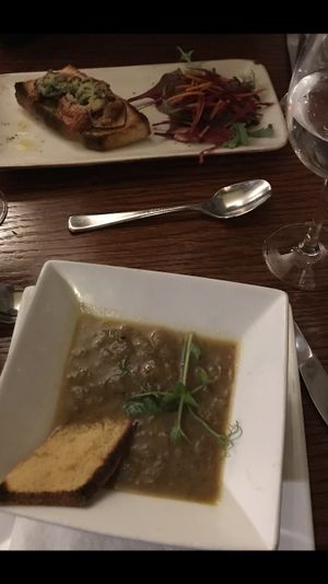 Vegan bruschetta with sundried tomato, red onion and pesto, French onion soup with vegan cheese crouton. at Freddy's Restaurant in Limerick