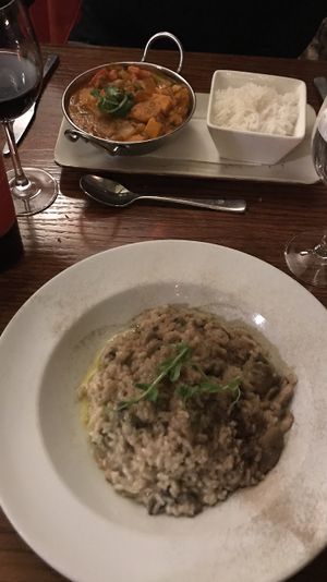 Vegan madras curry, mushroom risotto with truffle oil. at Freddy's Restaurant in Limerick